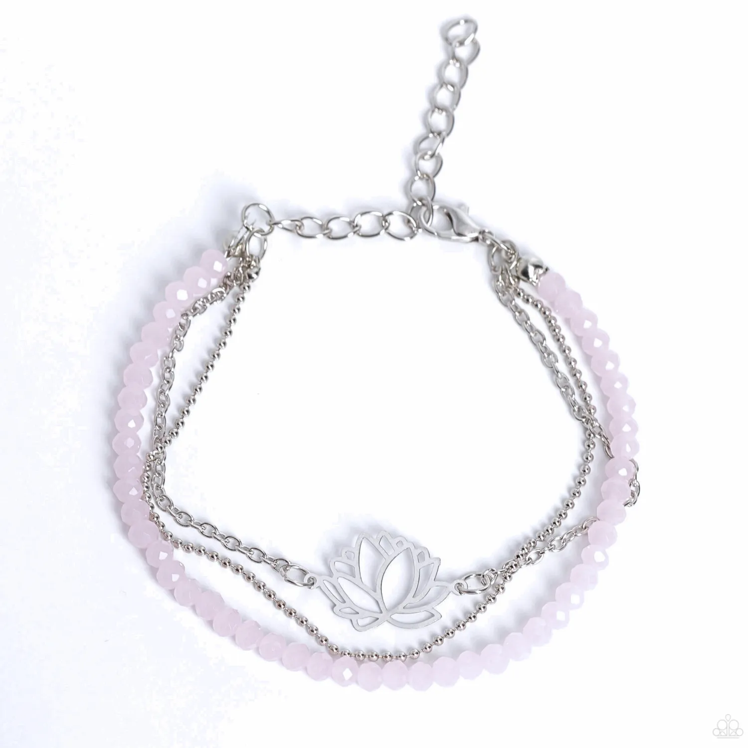 "A Lotus Like This" Silver Metal, Lotus Flower & Pink Crystal Multi Strand Bracelet
