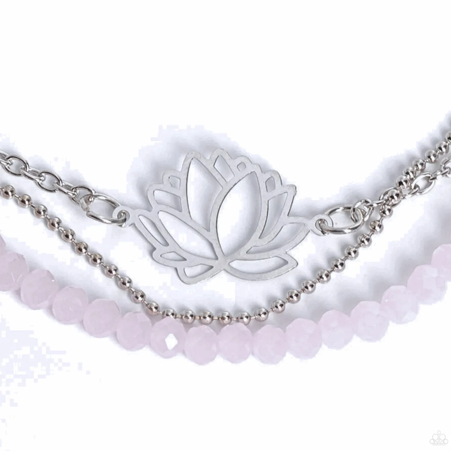 "A Lotus Like This" Silver Metal, Lotus Flower & Pink Crystal Multi Strand Bracelet