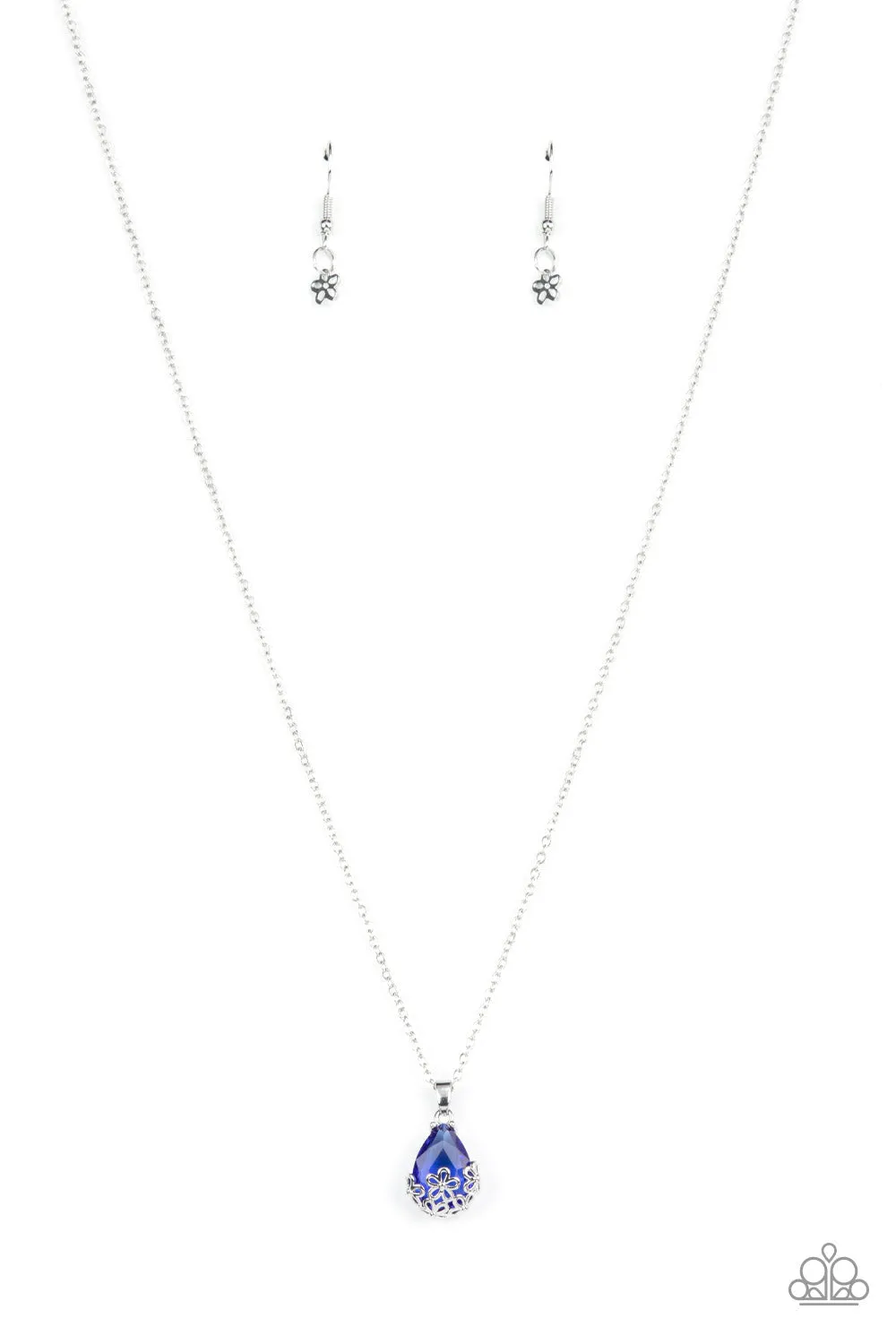 "Flower Patch Fabulous" Silver Metal & Blue Rhinestone Floral Accent Necklace Set