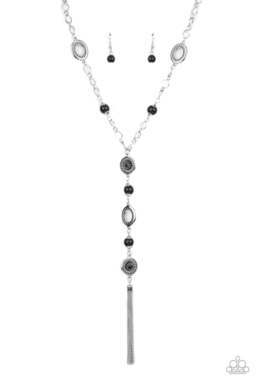 "The Natural Order" Silver Metal & Black Beaded "Y" Necklace Set