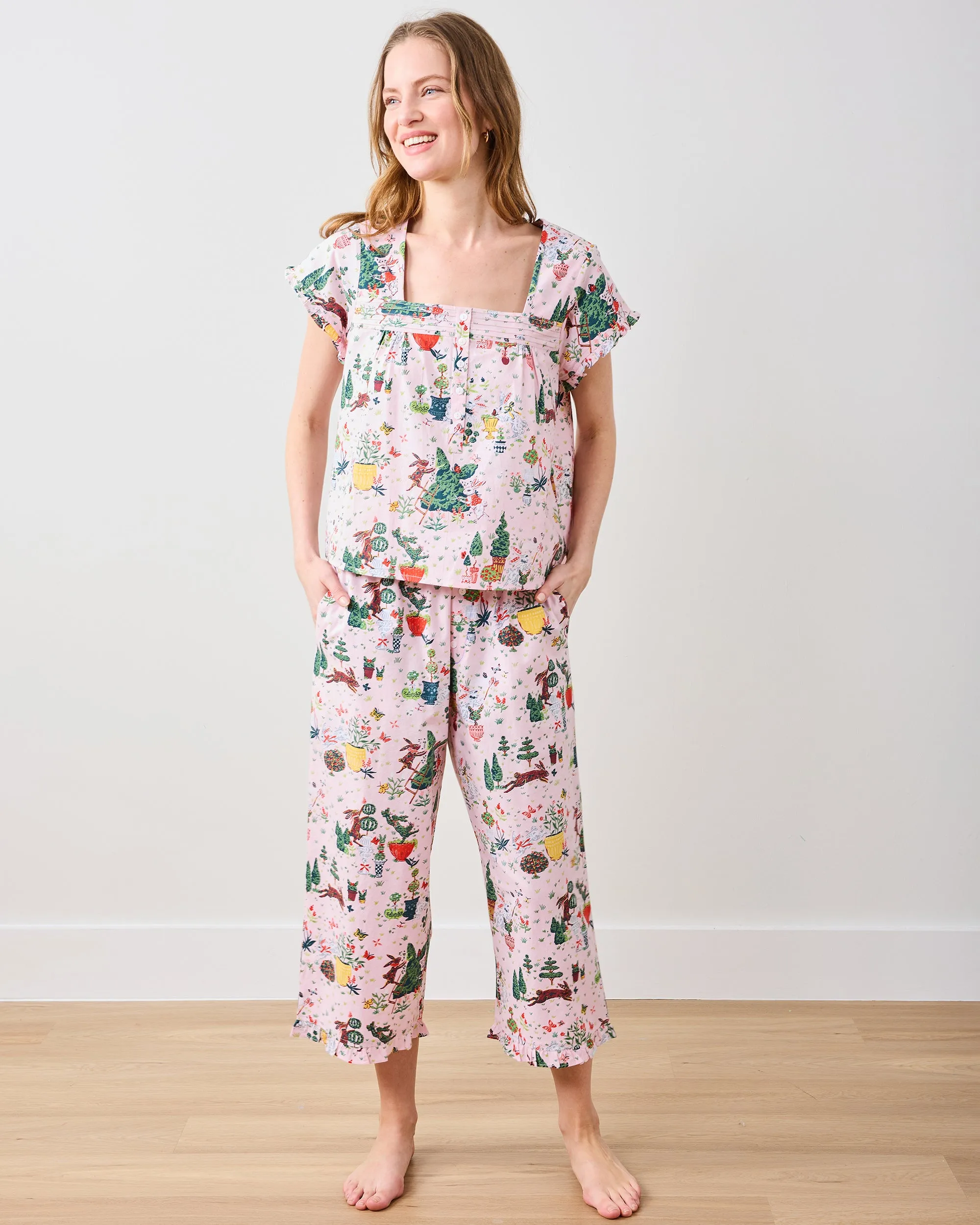 Rabbit Topiary - Pintuck Cropped Pant Set - Easter Pink