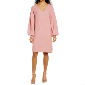 Rachel Parcell Dusty Pink Cozy Wool Blend V-Neck Ribbed Sweater Dress Size 8