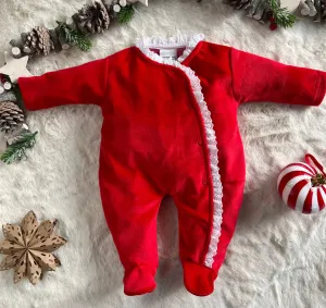 Red & White Lace Edged Velour Sleepsuit