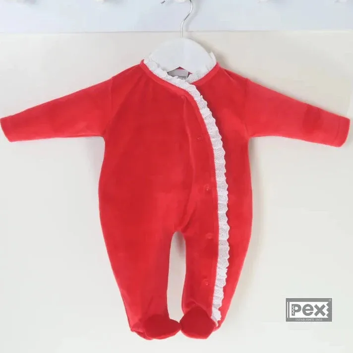 Red & White Lace Edged Velour Sleepsuit
