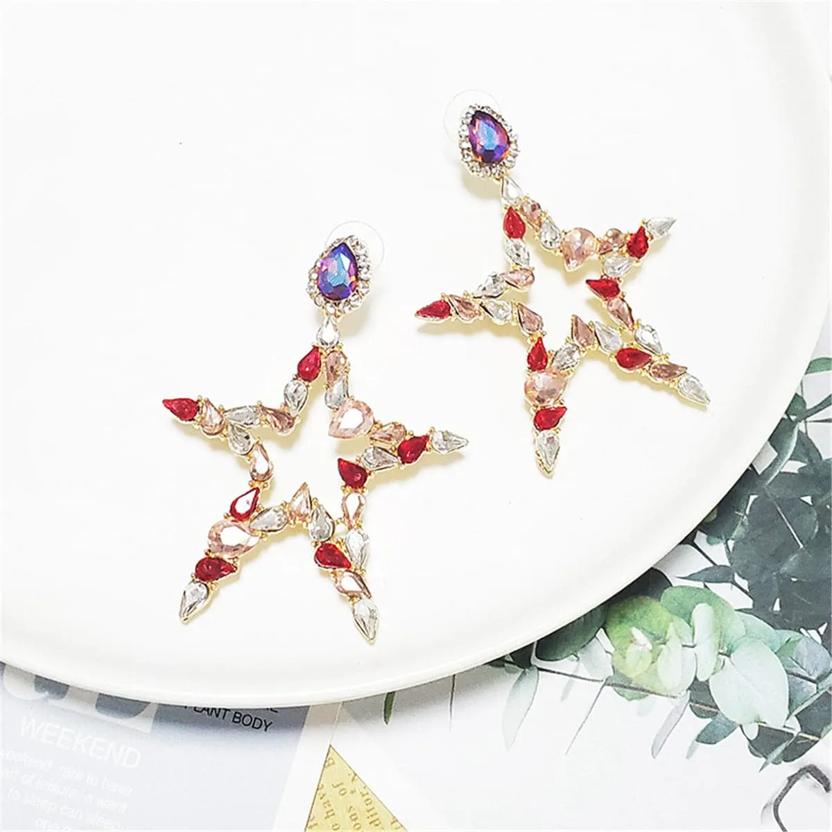 Red Crystal & Cubic Zirconia Open Star Drop Earrings