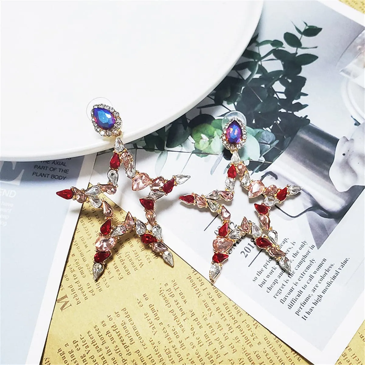 Red Crystal & Cubic Zirconia Open Star Drop Earrings