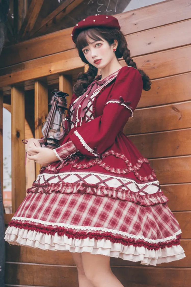 Red Retro Lantern Long Sleeves Plaid Stitching Bowknot Ruffled Tiered Sweet Lolita OP Dress