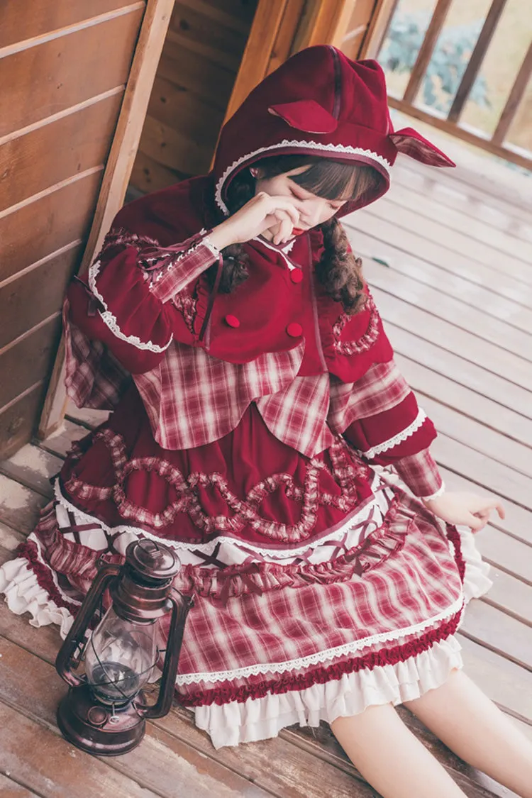 Red Retro Lantern Long Sleeves Plaid Stitching Bowknot Ruffled Tiered Sweet Lolita OP Dress