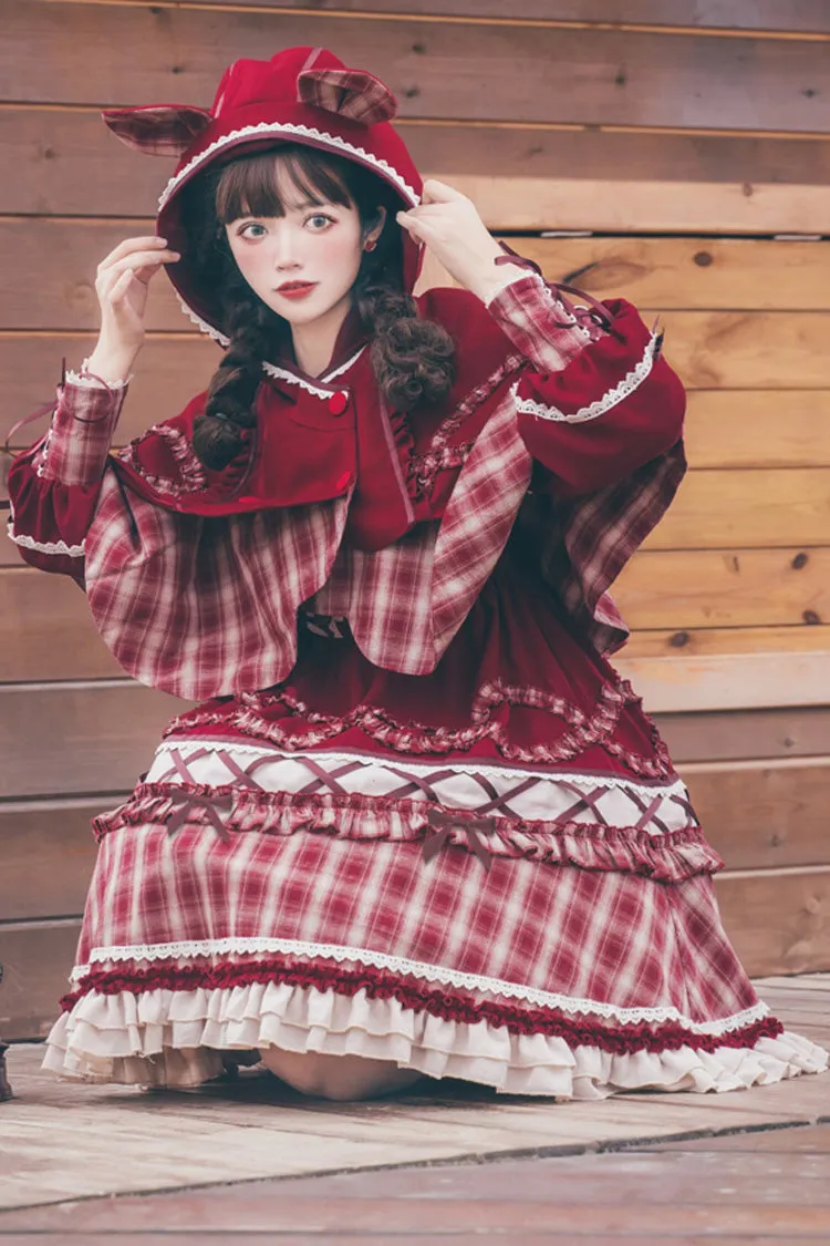 Red Retro Lantern Long Sleeves Plaid Stitching Bowknot Ruffled Tiered Sweet Lolita OP Dress