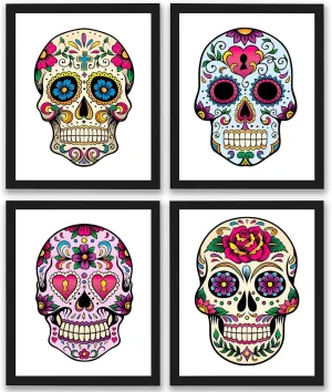Retro Colorful Mexican Day of The Dead Sugar Skull Flower Sugar Skull Decor 4 Art Prints  8x10 Unframed Mexican Day of The Dead Gift