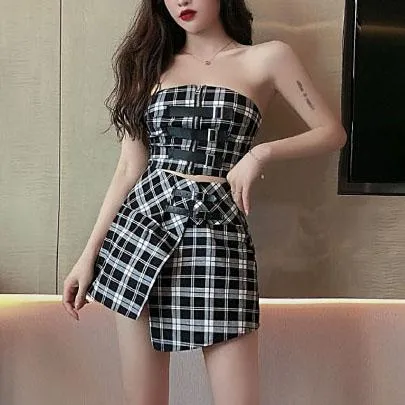 Retro Plaid Strap Matching Crop Top and Skirt SD00129