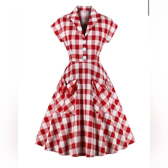 Retro Stage Red White 1950s Pockets Plaid Dress, XL, NWT!