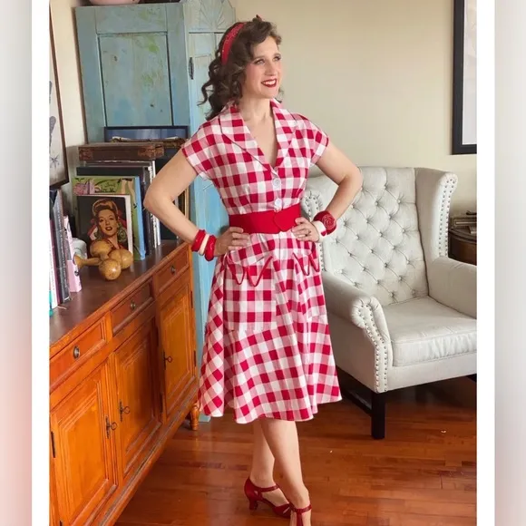 Retro Stage Red White 1950s Pockets Plaid Dress, XL, NWT!