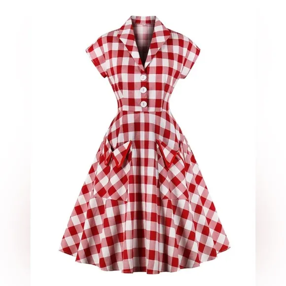 Retro Stage Red White 1950s Pockets Plaid Dress, XL, NWT!