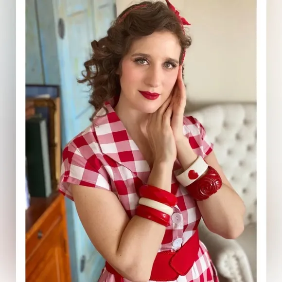 Retro Stage Red White 1950s Pockets Plaid Dress, XL, NWT!
