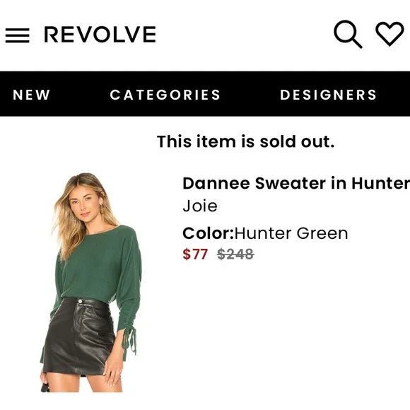 Revolve Joie Wool/Cashmere Sweater Sz M - Hunter Green