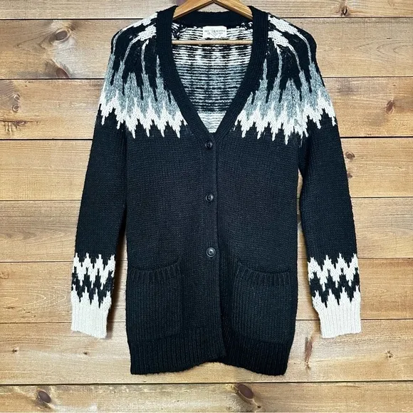 RL Denim &amp; Supply Black white Wool Blend Cowichan button long Cardigan Sweater