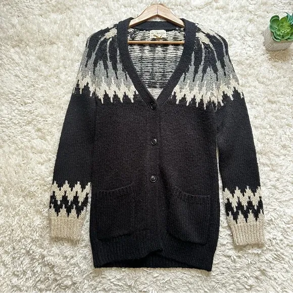 RL Denim &amp; Supply Black white Wool Blend Cowichan button long Cardigan Sweater