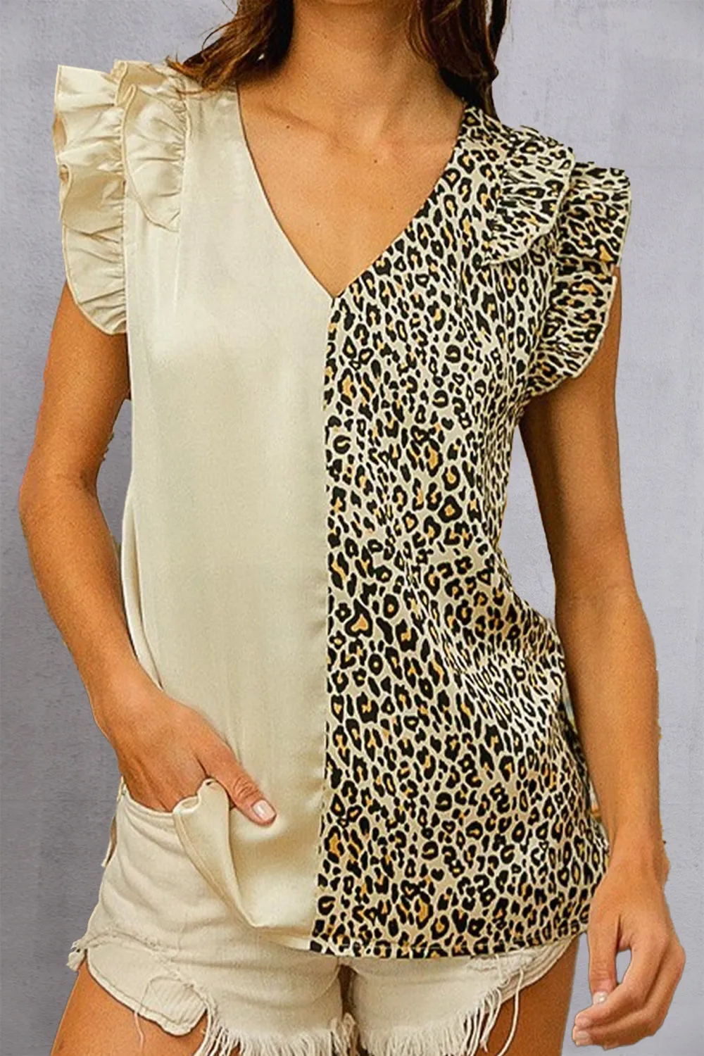 Ruffled Color Block Leopard Print V-Neck Cap Sleeve Blouse
