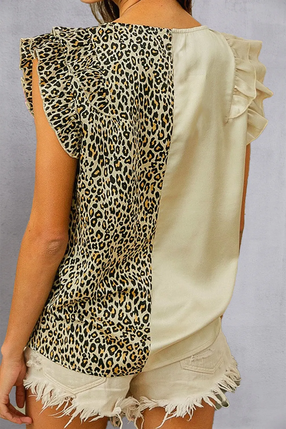 Ruffled Color Block Leopard Print V-Neck Cap Sleeve Blouse