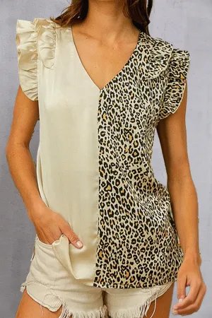 Ruffled Color Block Leopard Print V-Neck Cap Sleeve Blouse