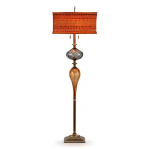 Sam Floor Lamp F206AG156 Colors Smoky Gray and Amber Blown Glass Base Embroidered Orange Silk Shade Kinzig Design