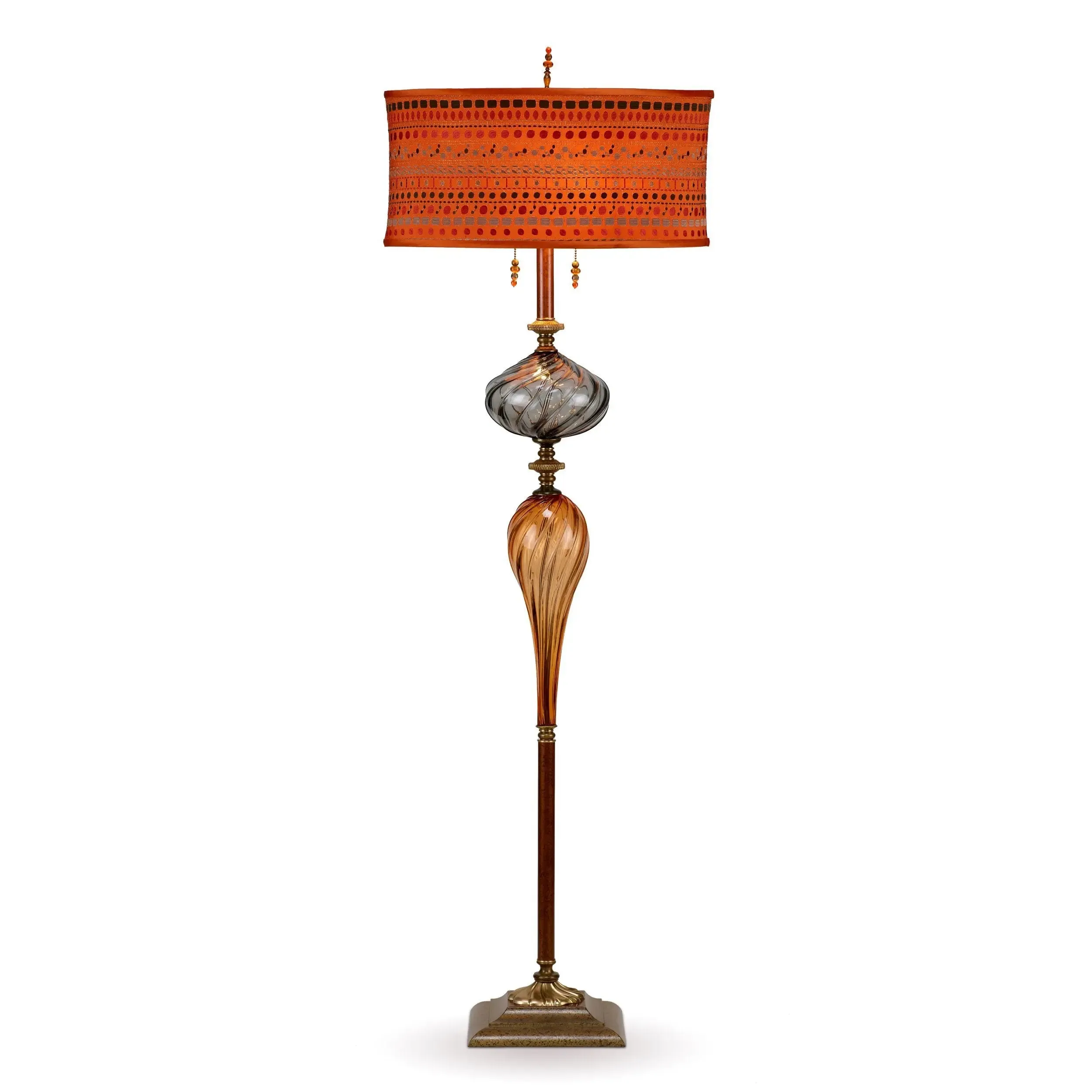 Sam Floor Lamp F206AG156 Colors Smoky Gray and Amber Blown Glass Base Embroidered Orange Silk Shade Kinzig Design