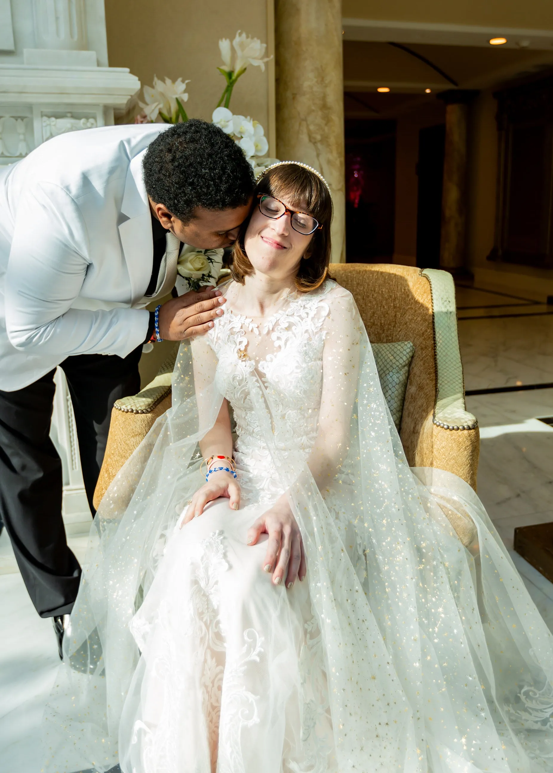 Sheer Ivory   Gold Starburst Floor Length Wedding Cape