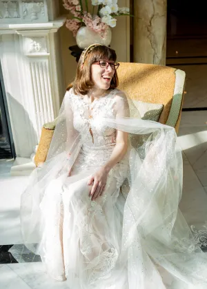 Sheer Ivory   Gold Starburst Floor Length Wedding Cape