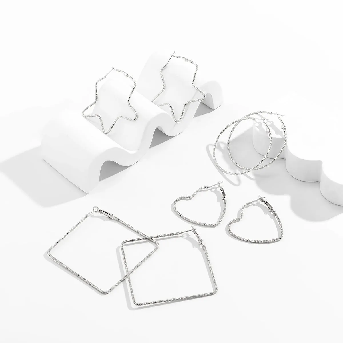 Silver-Plated Copper Geometric Hoop Earrings - Set Of Four Pairs