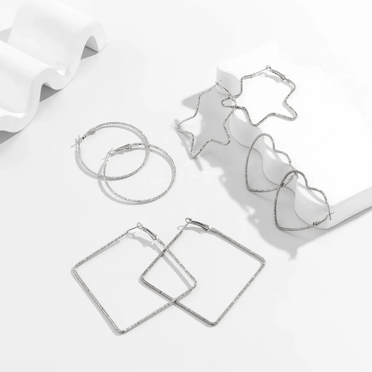 Silver-Plated Copper Geometric Hoop Earrings - Set Of Four Pairs