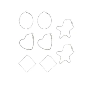 Silver-Plated Copper Geometric Hoop Earrings - Set Of Four Pairs