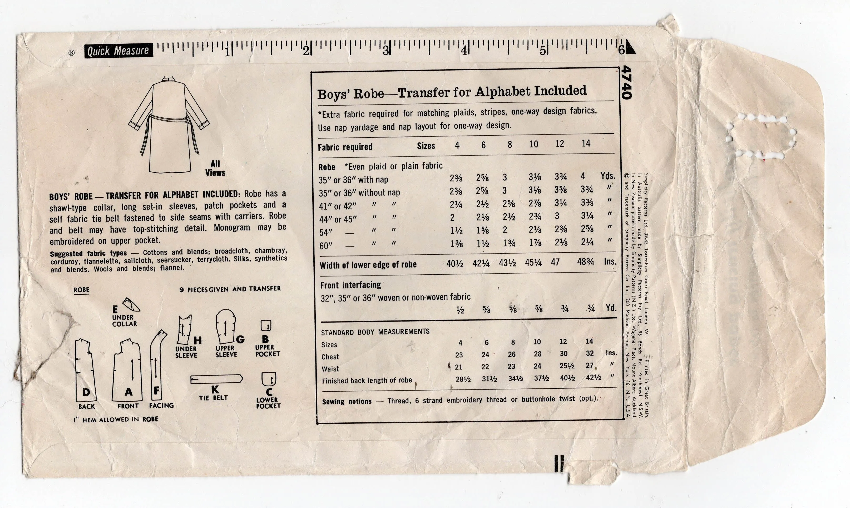 Simplicity 4740 Boys Shawl Collared Robe with Monogram Transfer 1960s Vintage Sewing Pattern Size 8