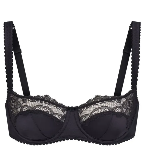 Skims Kim Kardashian Stretch Satin Lace Unlined Balconette Bra in Black Onyx 32C
