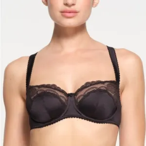 Skims Kim Kardashian Stretch Satin Lace Unlined Balconette Bra in Black Onyx 32C