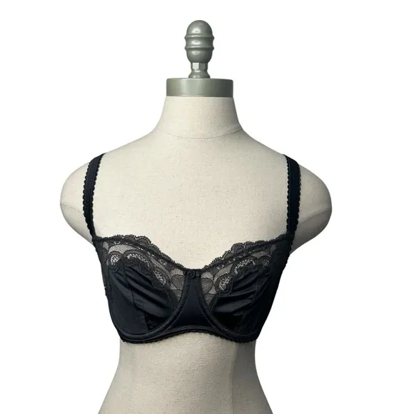 Skims Kim Kardashian Stretch Satin Lace Unlined Balconette Bra in Black Onyx 32C