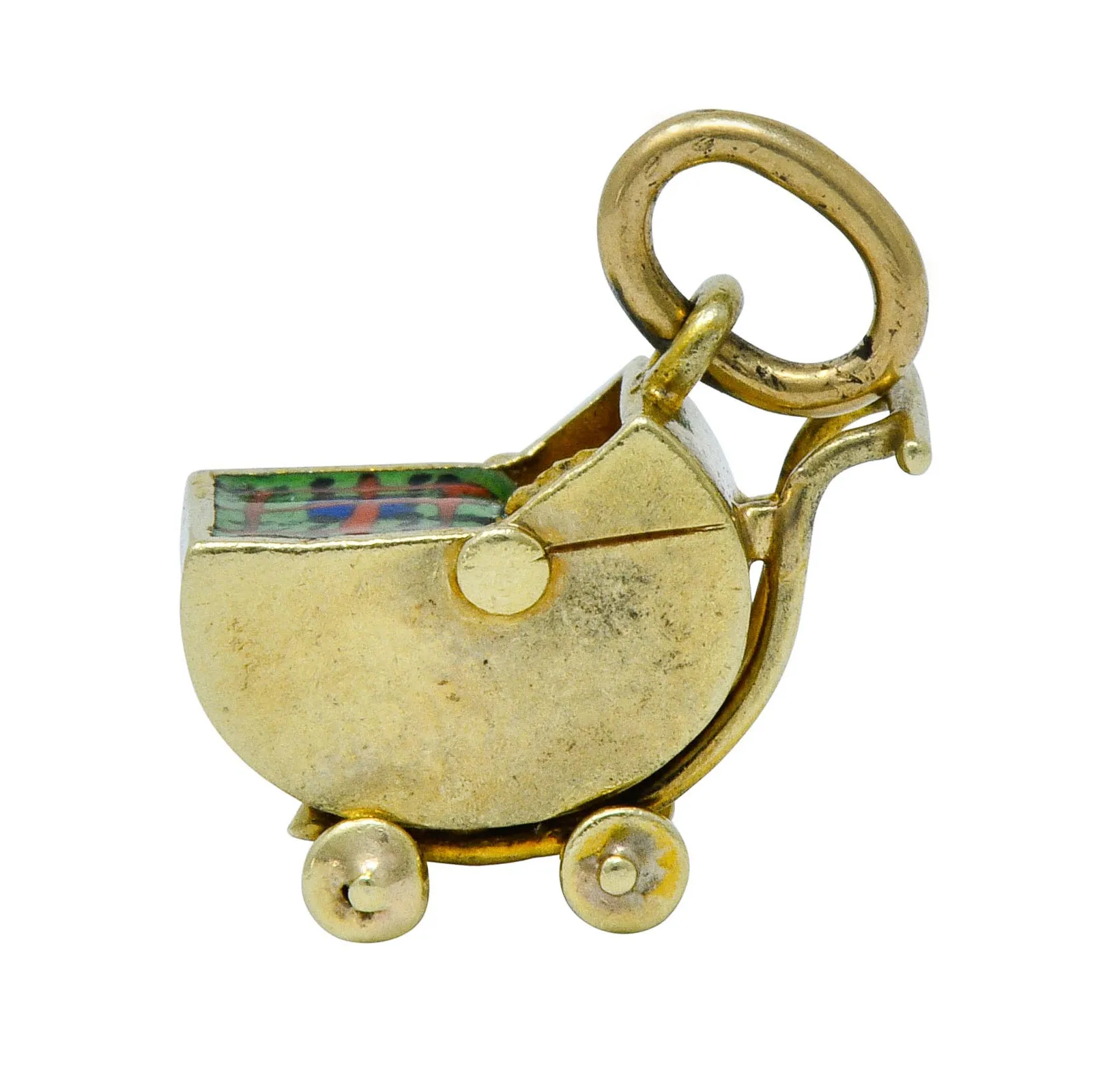 Sloan & Co. Retro Enamel 14 Karat Gold Baby Carriage Charm