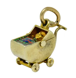 Sloan & Co. Retro Enamel 14 Karat Gold Baby Carriage Charm