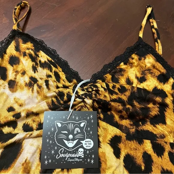 SOURPUSS leopard slip dress spaghetti straps lace trim small NWT