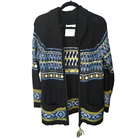 Sparrow Anthropologie Cotton Wool Blend Fair Isle Zip Up Sweater Coat Size Small