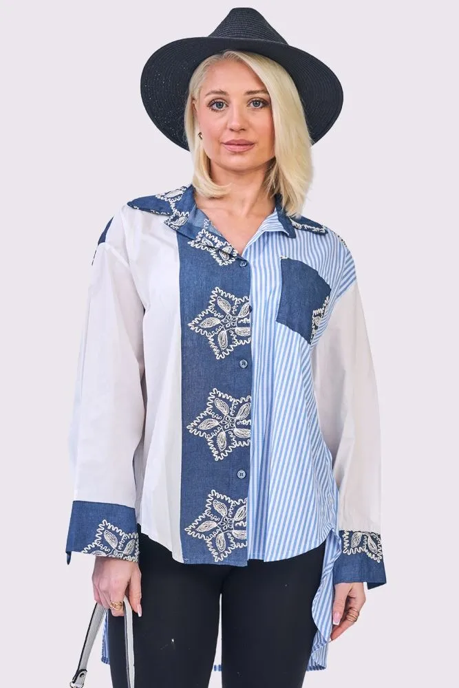 Stripe Floral Print Oversized High Low Hem Cotton Shirt