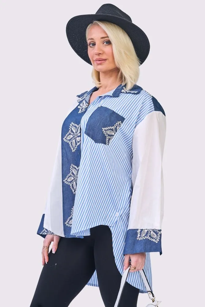 Stripe Floral Print Oversized High Low Hem Cotton Shirt