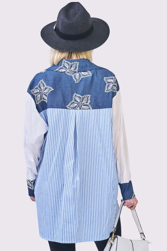 Stripe Floral Print Oversized High Low Hem Cotton Shirt