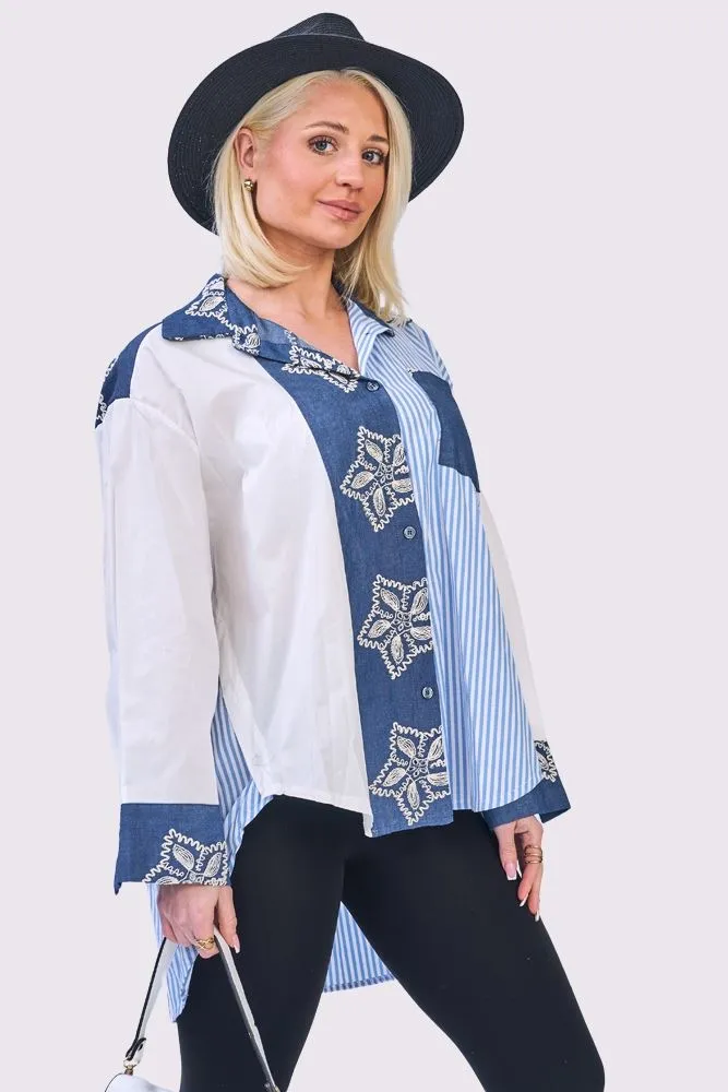 Stripe Floral Print Oversized High Low Hem Cotton Shirt