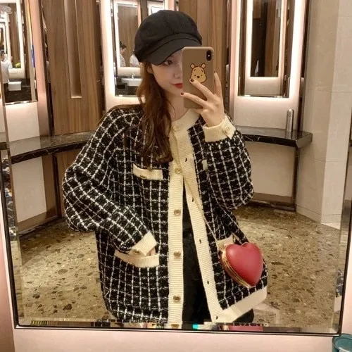Sweater Coat Retro Shirt Plaid Loose Knit Ladies