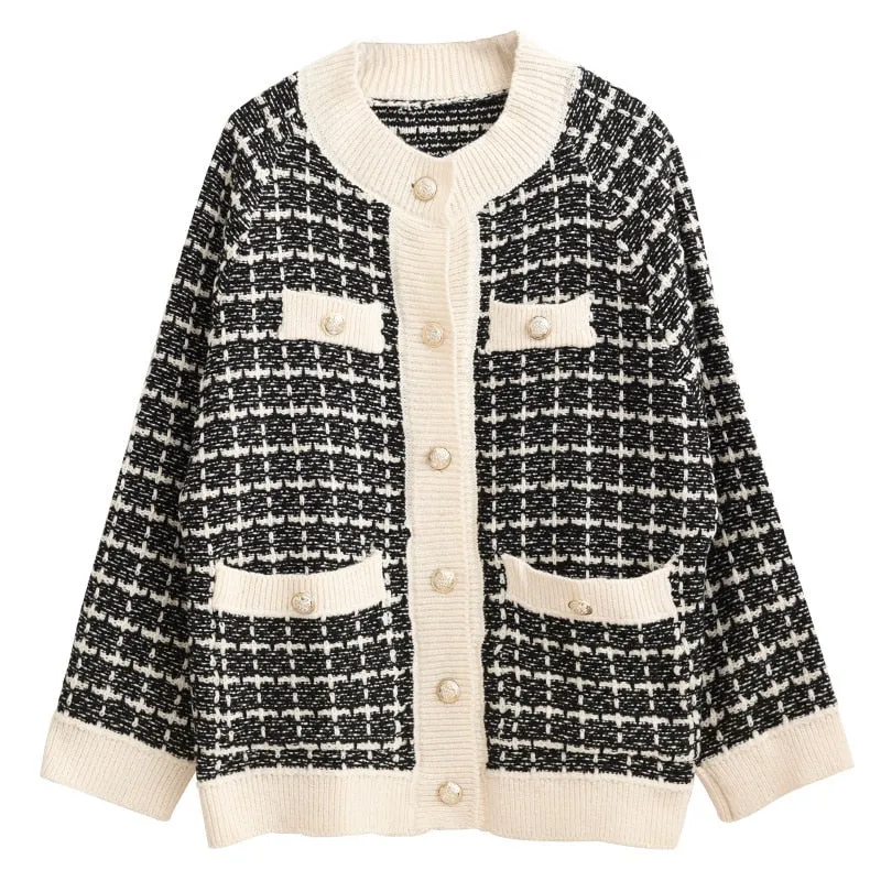 Sweater Coat Retro Shirt Plaid Loose Knit Ladies