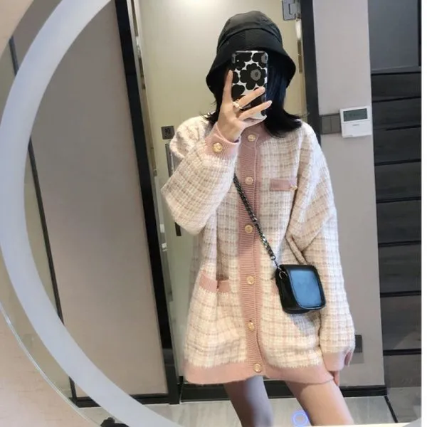 Sweater Coat Retro Shirt Plaid Loose Knit Ladies
