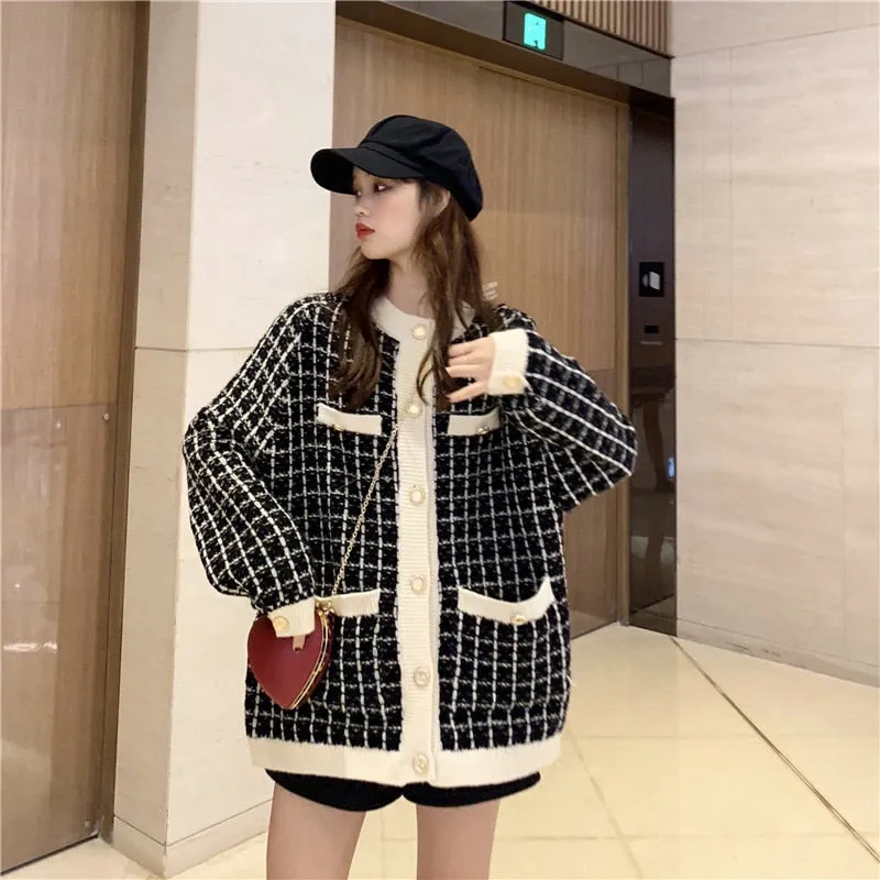 Sweater Coat Retro Shirt Plaid Loose Knit Ladies