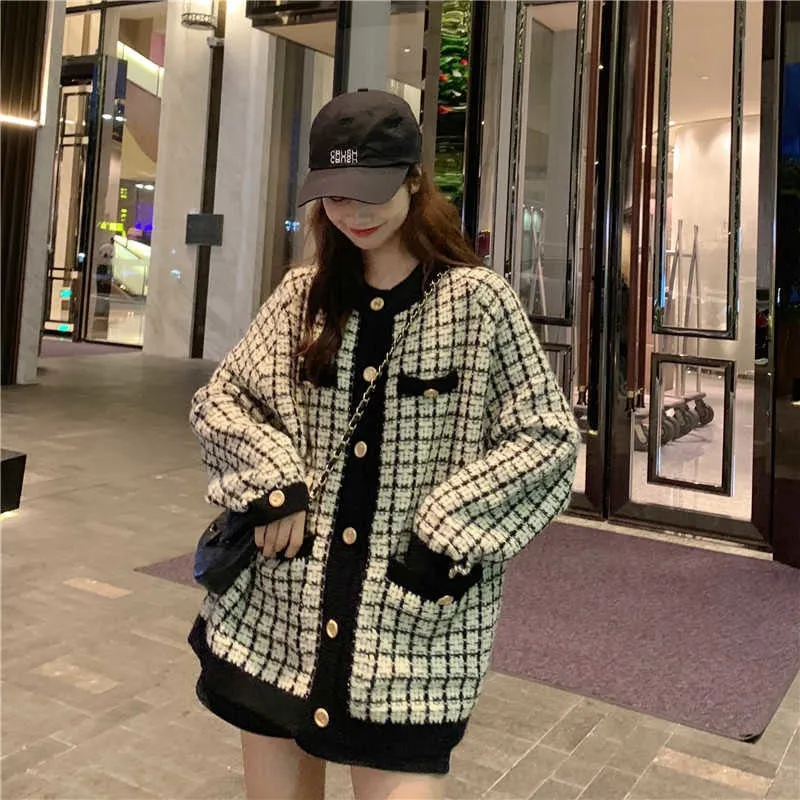 Sweater Coat Retro Shirt Plaid Loose Knit Ladies
