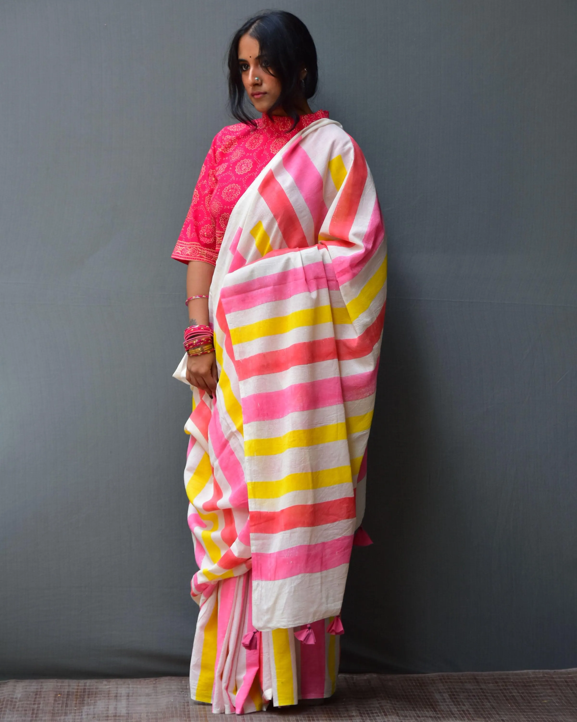 Sweth Handblock Printed Mulmul Cotton Saree